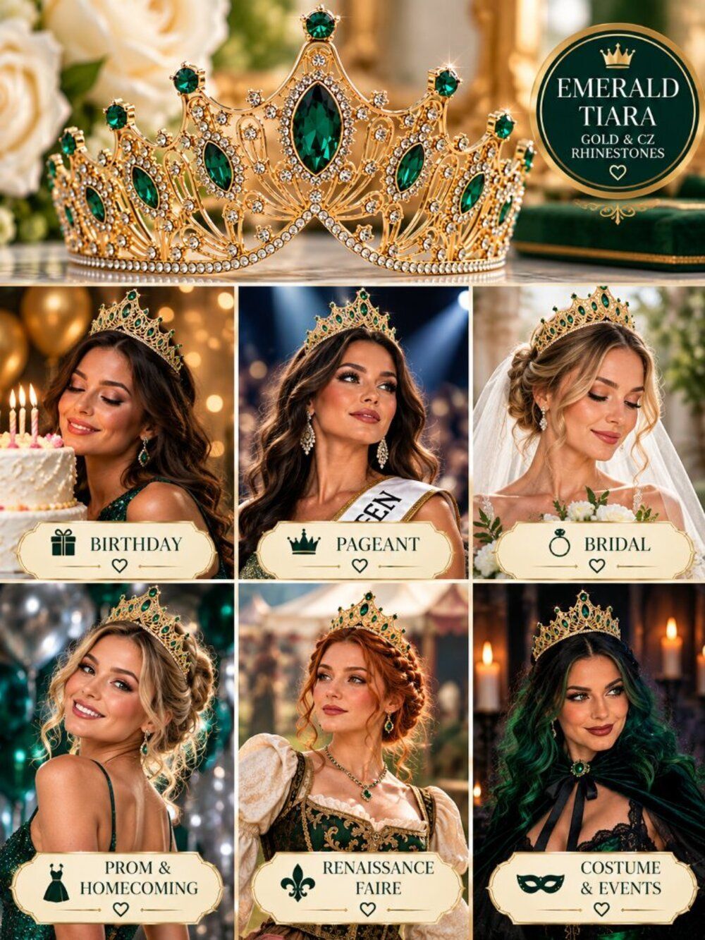 Emerald Green Gold Tiara Crown CZ Rhinestone Pageant Prom Queen Princess Royalty